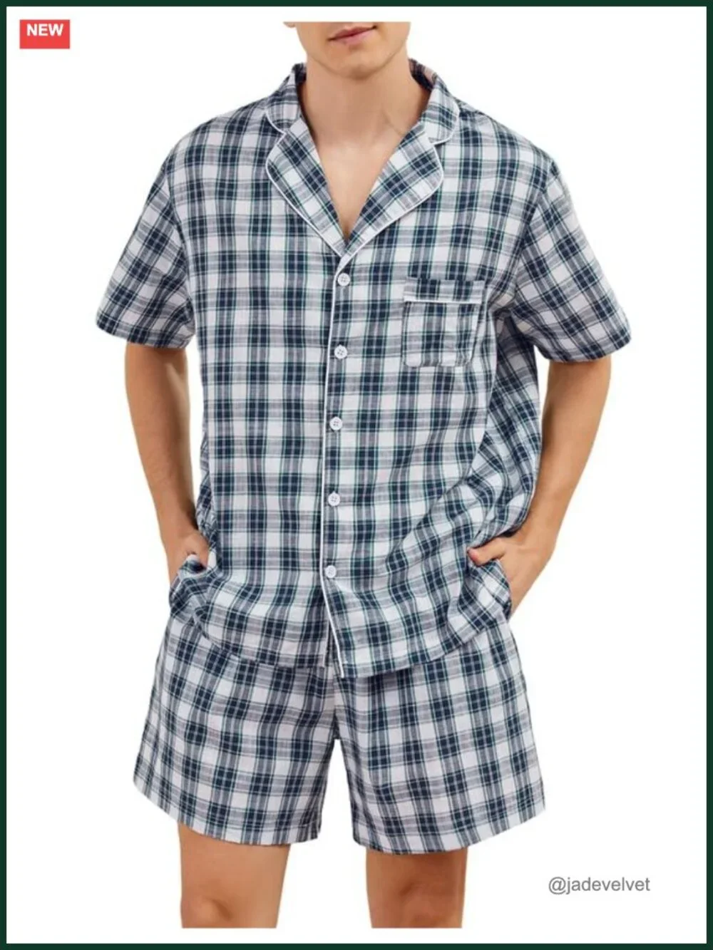 Cotton Pajama Set Short Sleeve Button Down Lounge Set Plaid Sleepwear